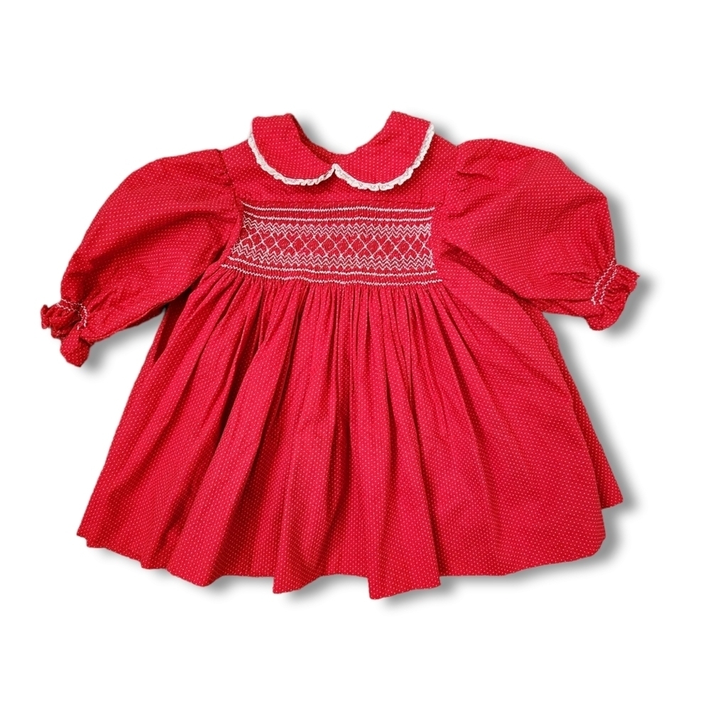 VINTAGE Smocked‎ Red White dot little girl's dress white trim